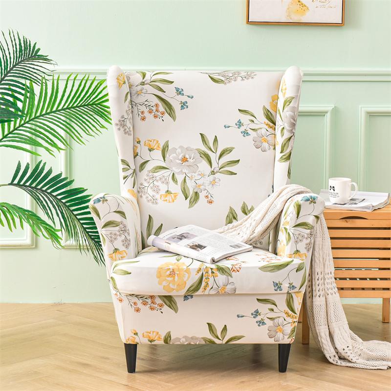 2pcs/set Flower Print Wing Back Chair Cover Anti-dirt Wing Armchair Protector Covers with Seat Cushion Cover for Living Room