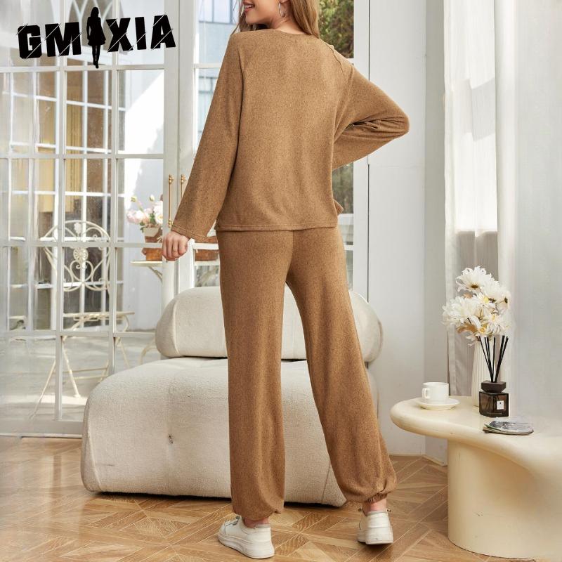 GMXIA Women's Homewear Suit Autumn and Winter Long-sleeved Drawstring Trousers Two-piece Suit Pajamas
