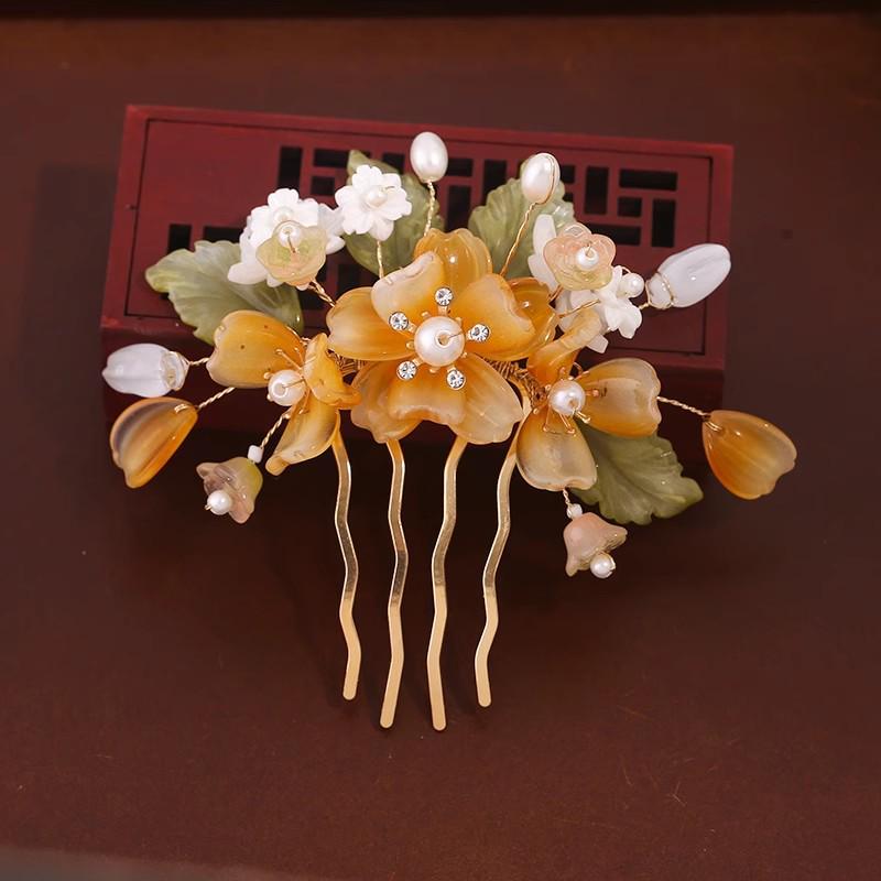 Damen Perlenblume Hanfu Haarnadel Kamm – Antiker Stil Hochsteckfrisur Accessoires