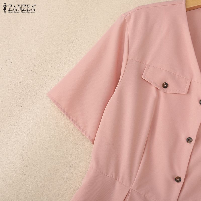 ZANZEA Women Casual V-Neck Solid Color Short Sleeve Dress