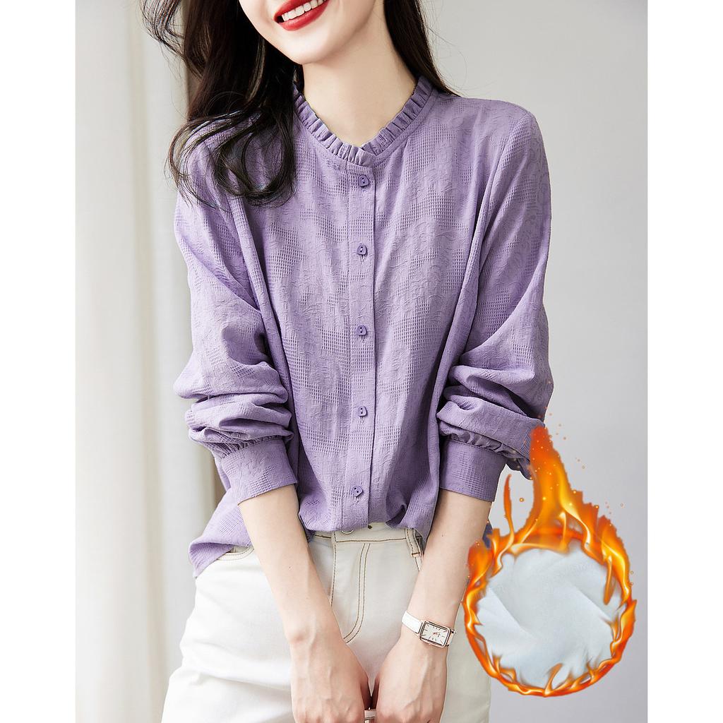 Cotton Dark Jacquard Shirt for Winter New Style Stand Collar Fitted Long Sleeve Small Pleated Shirt for Women