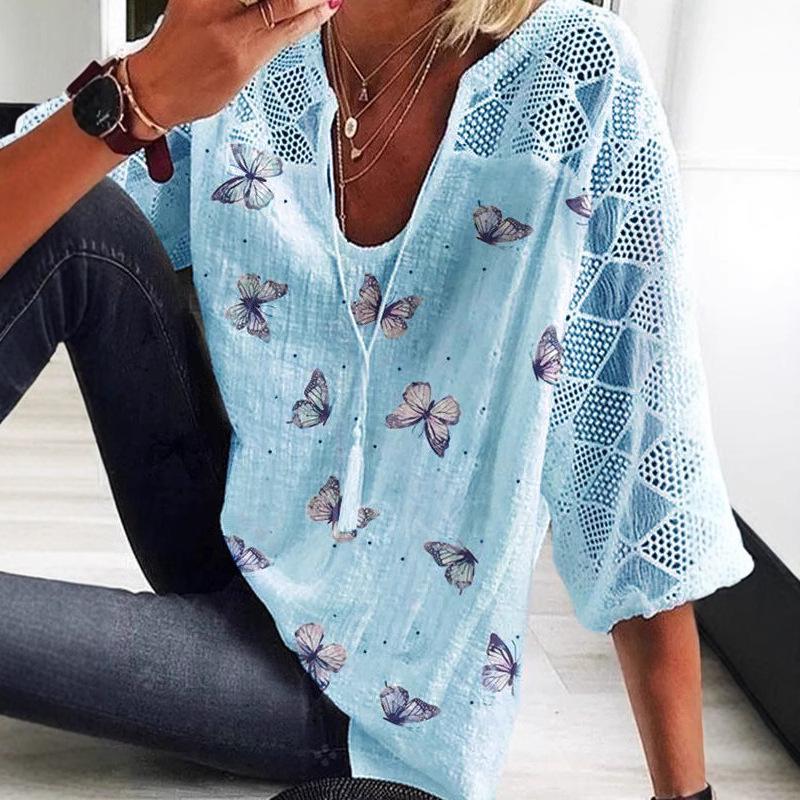 2025 Sommer-Top aus Mesh mit V-Ausschnitt und Schmetterlingsdruck für Damen