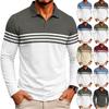 Men's Long Sleeve Striped Color Block T-Shirt with Collar for Casual Layering