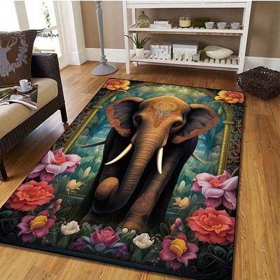 Elephant and Floral Rug for Elegant Living Rooms - Exotic Animal Design Floor Mat, Luxury Home Decor Skid Resistant Carpet
