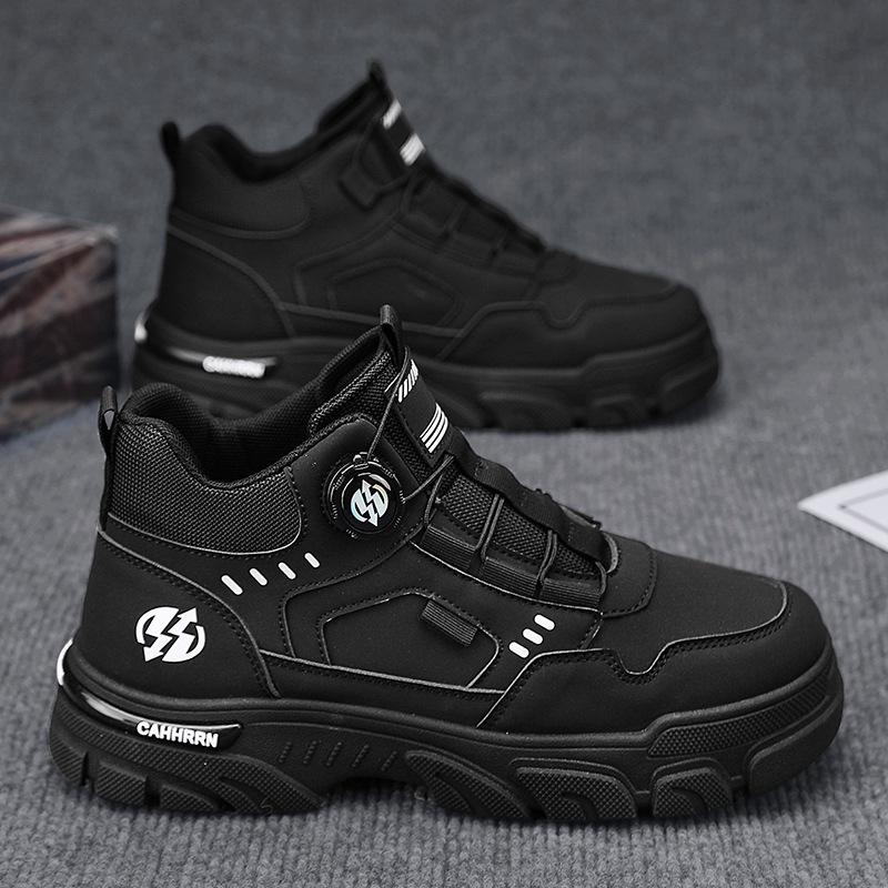 High-top Men's Shoes Leather Martin Boots Men's Autumn and Winter 2024 New Tooling Locomotive Shoes Men's Rotating Button Trendy Shoes
