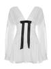 Women's French Style V-Neck Bow Patchwork Pleated Dress - White Long Sleeve Slim Fit Mini Skirt for Autumn