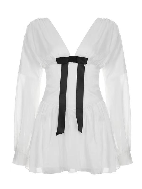 Women's French Style V-Neck Bow Patchwork Pleated Dress - White Long Sleeve Slim Fit Mini Skirt for Autumn