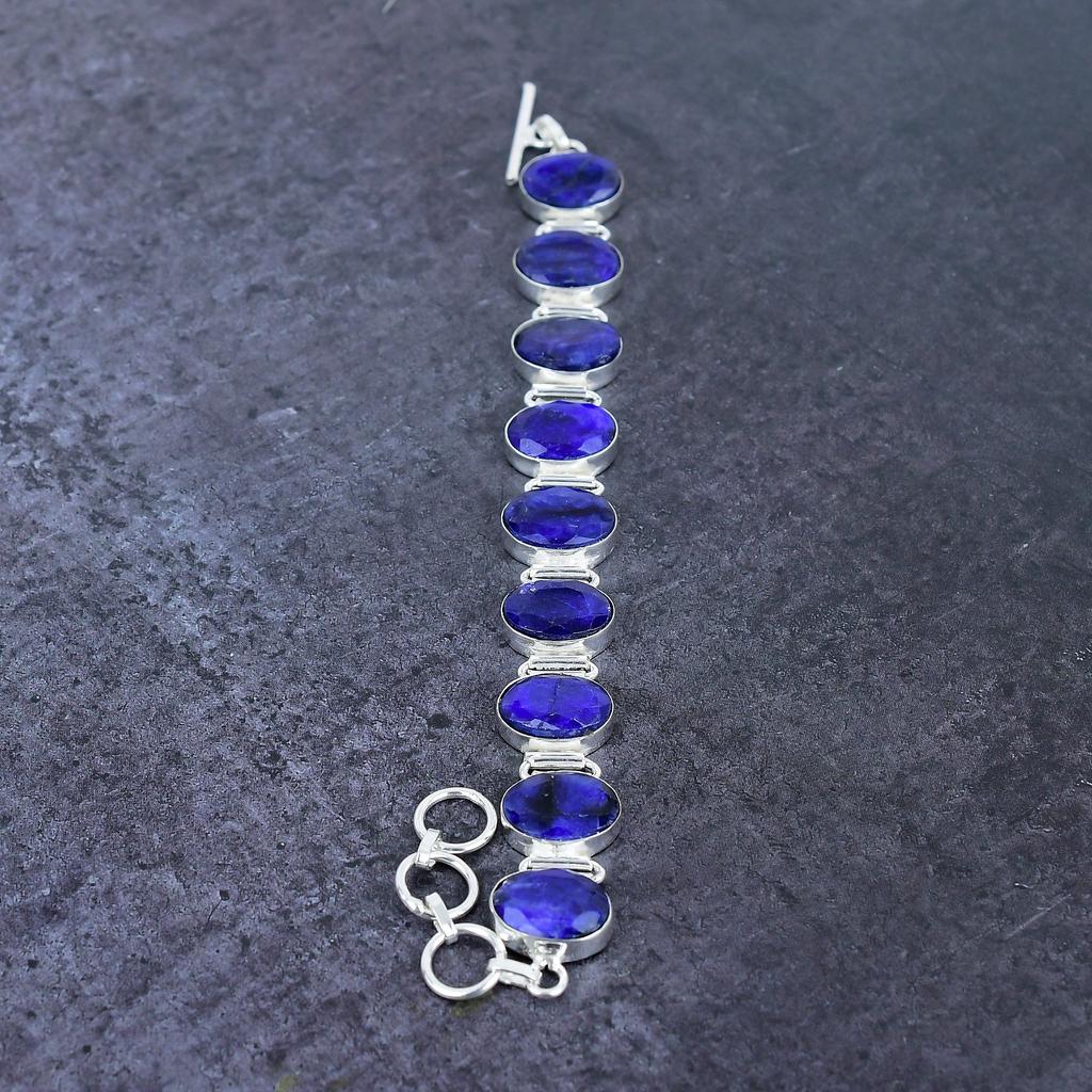 Burmise Sapphire(Simulated) Gemstone Handmade 925 Sterling Silver Bracelet 7-8" b7N11