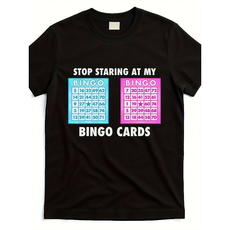 Men s & Women s Stop Staring At My Bingo Cards Graphic T-Shirt - Black with Colorful Bingo Print, 220GSM Pure Cotton Retro Streetwear Tee, S чёрный