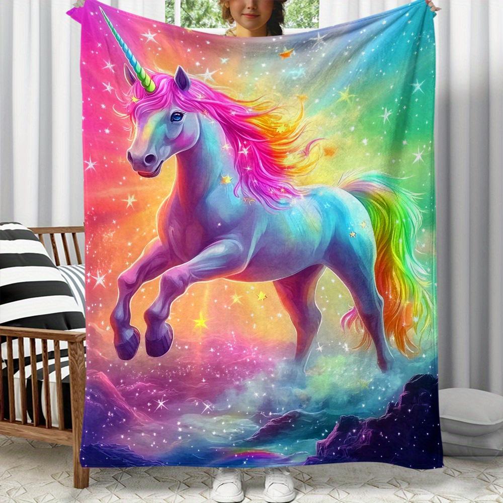 Rainbow unicorn galaxy stars magical horse fantasy artwork blanket soft flannel throw for girls room or dreamy bedroom decor 75X95CM