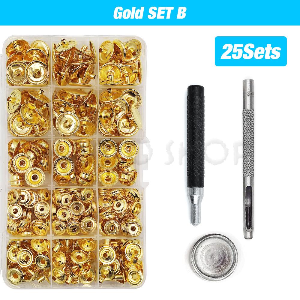 25Sets Metal Snaps Button Snap Fasteners Press Studs With 4 Installation Tools Kit For Clothes Garment Bags Shoes Leathercraft