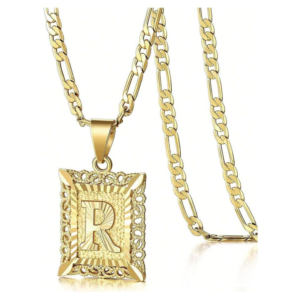 Initial Necklace Square Letter Pendant Necklace Capital Monogram Necklace Alhpabets From A-Z Figaro Chain Necklace