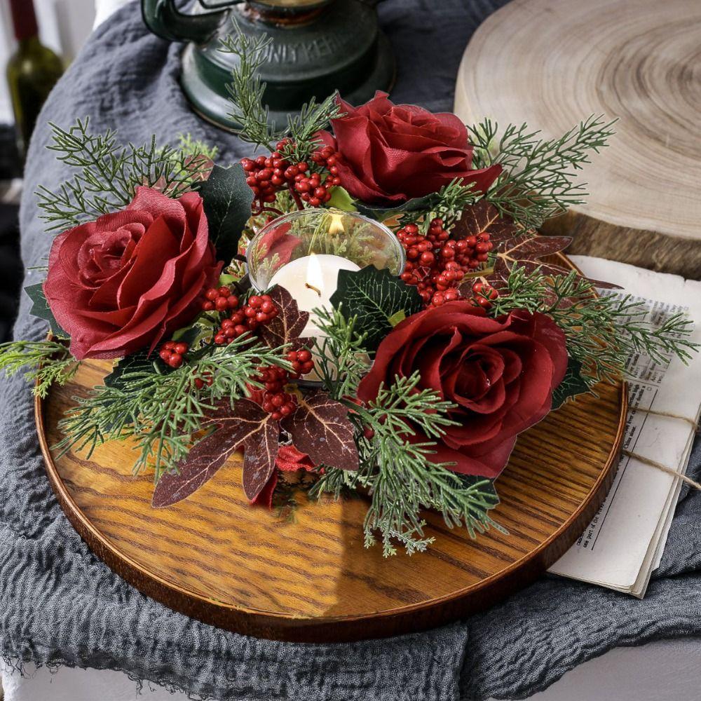 Artificial Flower Christmas Candle Wreath Romantic 30CM Candle Rings Party Supplies Red Rose Candlestick Wreath Christmas Decor