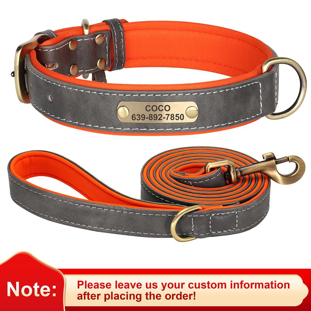 Personalized Dog ID Collar With Leash Soft Padded PU Leather Dogs Collar and Leash Set Anti-lost Tag For Small Medium Large Dogs