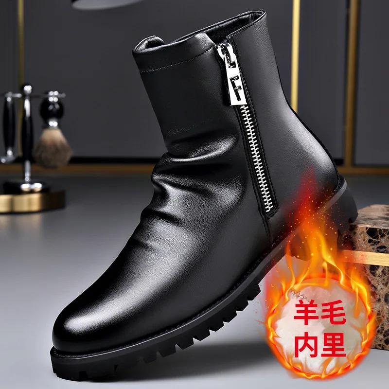 Modă Toamnă Iarnă Ghete de Gleznă din Piele Neagră pentru Bărbați Modă Casual Nou Designer Lână Caldă Bumbac Pantofi Bărbați Mărime Mare Ghete cu Platformă