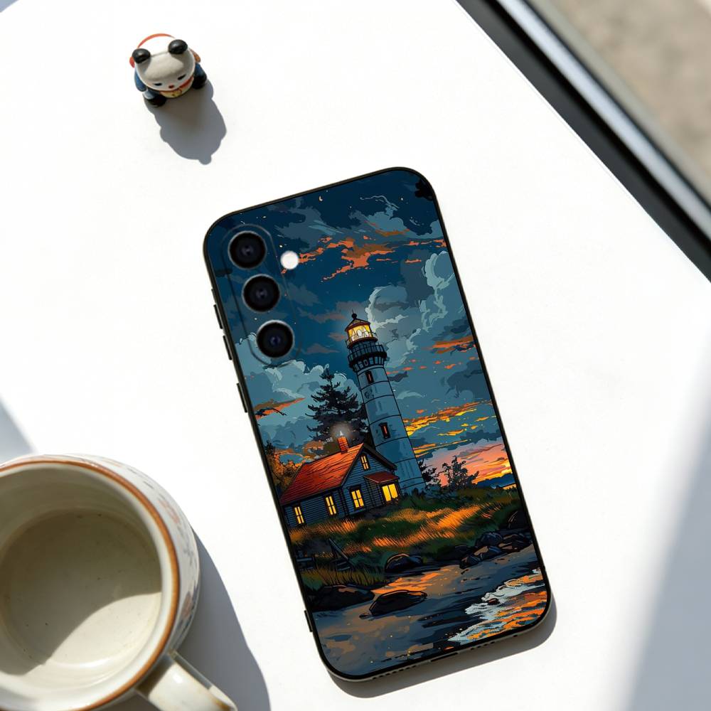 Abstract Lighthouse  Phone Case Black Silicone Soft For Samsung Galaxy A73,A72,A71,A70,A53,A52,A51