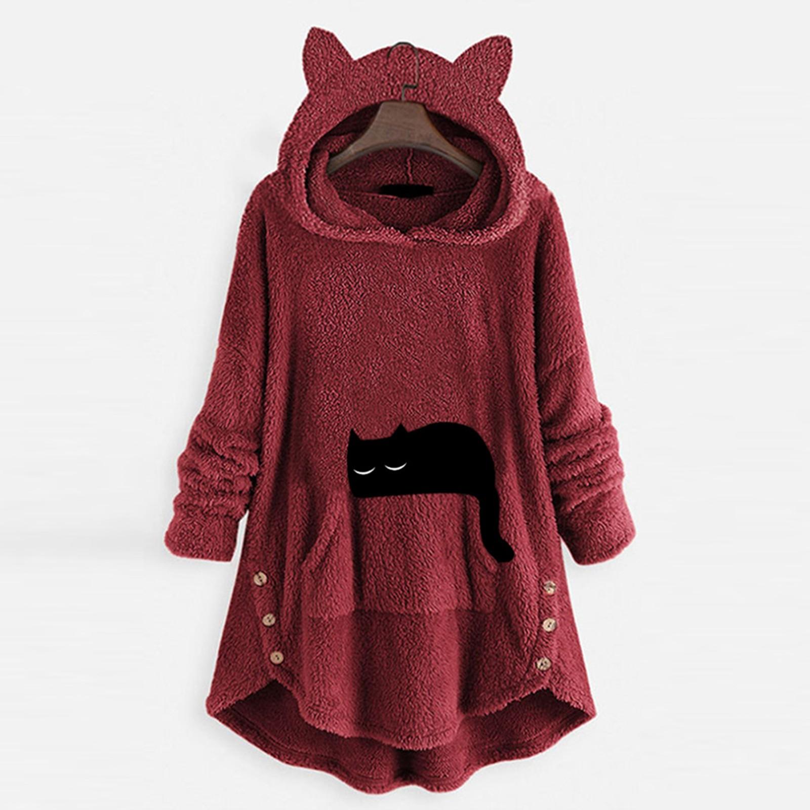 

Women Embroidery Ear Plus Size Hoodie Pocket Top Sweater Blouse L чорний