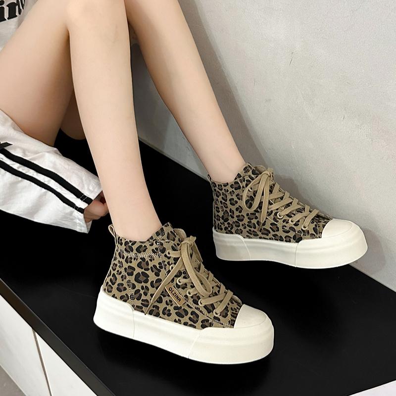 Retro Fashion Sports Canvas Women's Spring and Fall  New Leopard Print Square Head Lace-up College Style Casual Sneakers