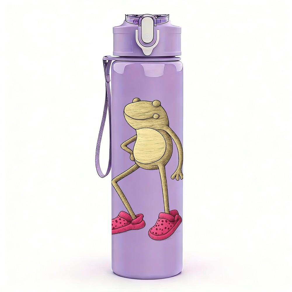 1PC Frog Wearing Pink Slippers Cartoon 750ml Color Plastic Sports Water Bottle Leakproof Flip Straw Lid Suitable for Sports Office Home Use