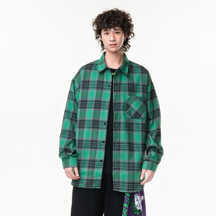 

Новая японская рубашка средней длины на весну для мужской моды, трендовая повседневная клетчатая рубашка 3XL зелёный