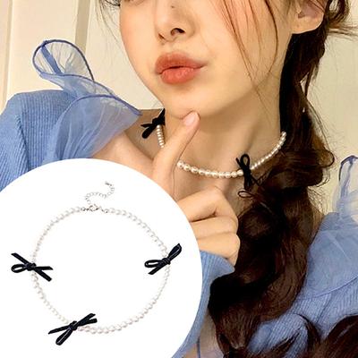 Kadın Kurdele Köprücük Kemiği Zinciri Choker İmitasyon Zarif Y2K Fiyonklu Kolye İnci Tatlı Gotik Siyah Aksesuarlar