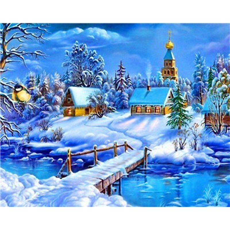 Full Round Diamond Painting Handmade Winter Scenery Cross Stitch 5d Diamond Embroidery House Landscape Decor