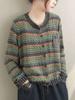 Johnature Women Vintage Knitted Sweaters O-Neck Long Sleeve Striped Spring Soft Patchwork Pockets Sweaters