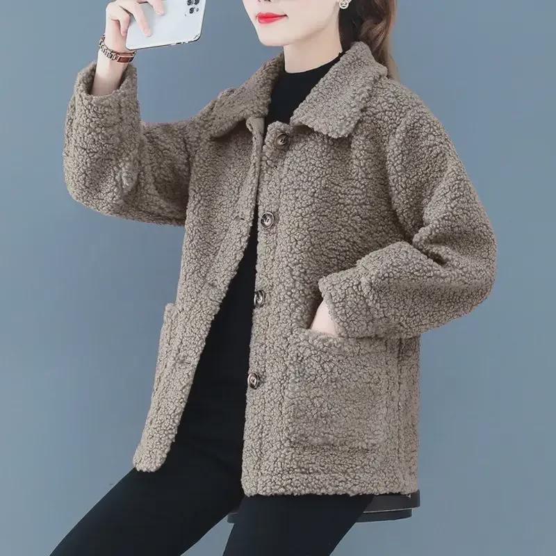 Lambskin Ladies Granular Fleece Cardigan Coat - Autumn/Winter Short Style for Middle-Aged Women