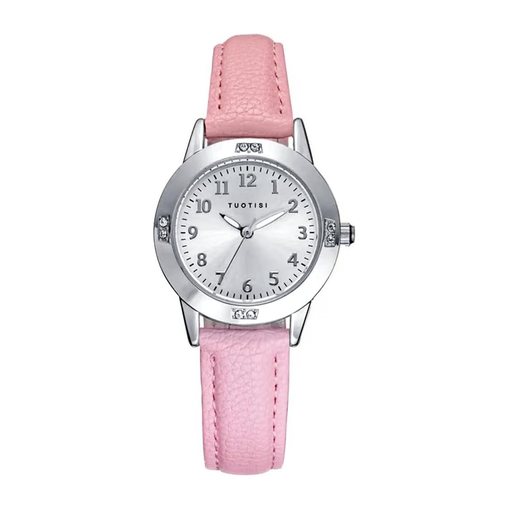 TUOTISI Girls Quartz Round Face Analog Watch Pink Silver with Arabic Numerals and Daily Waterproof for Women