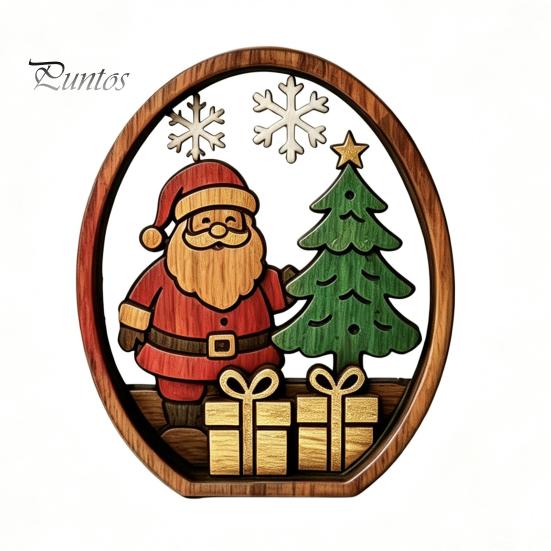 Holiday Desktop Decorations 3Pcs Christmas Santa Claus And Tree Ornaments, Wooden Oval Table Natural Wood Crafts Centerpiece, Solid Ornament for Home