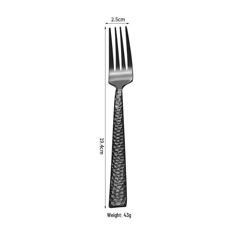 5-Piece Gold-Plated Hammered Stainless Steel Flatware Set - Includes Steak Fork, Knife, Spoon, and Square Handle Utensils.