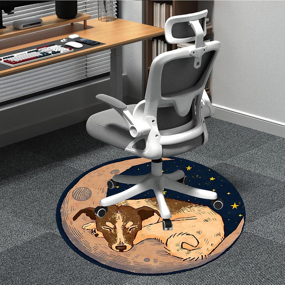 

1pc Moon Dog Office Round Area Rug, Under Office Chairs Bedroom Living Room Home Decor, Room Deco 80cm
