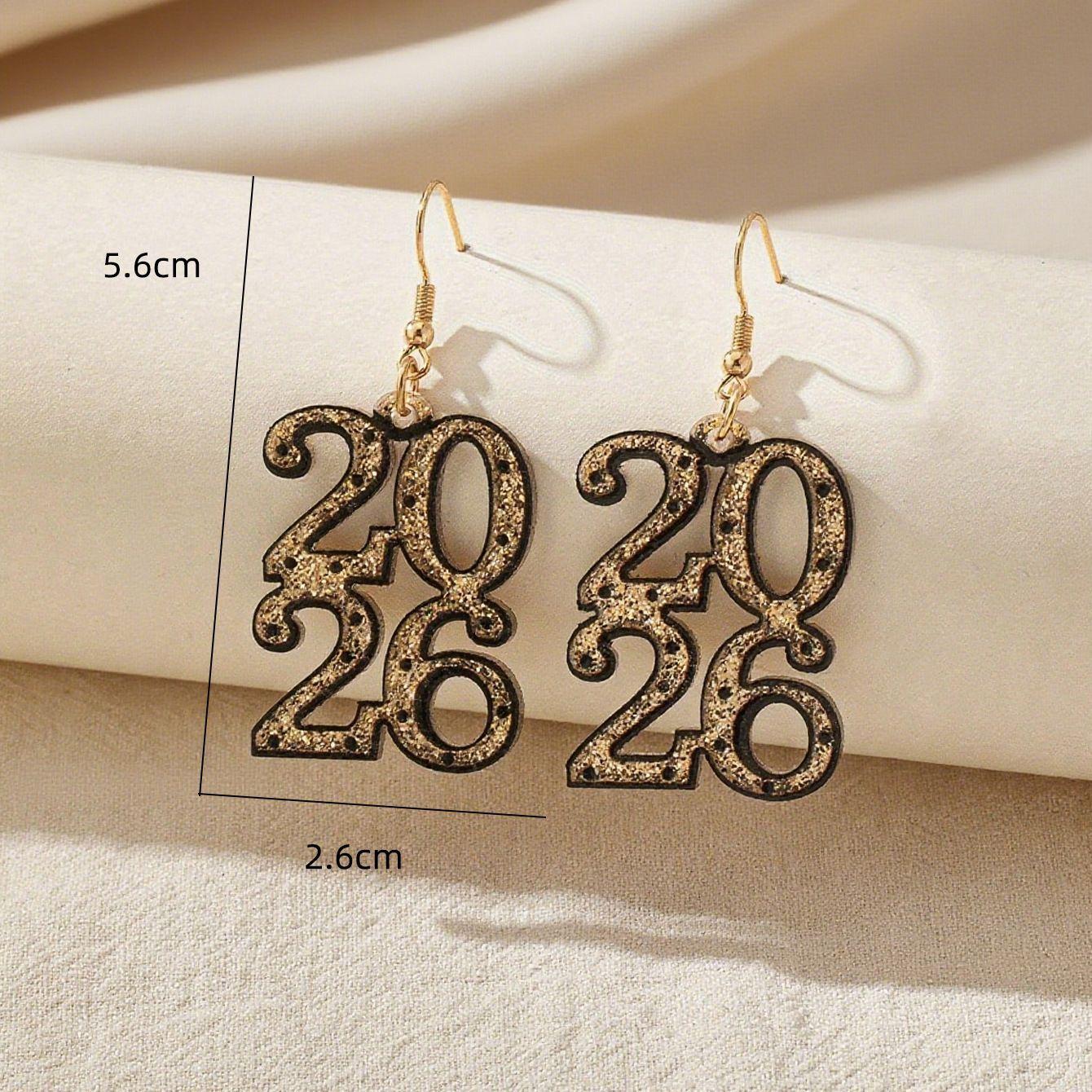 Cross-border new glitter digital 2026 earrings 2D acrylic creative fashion hip-hop colorful New Year s Eve earrings золотой