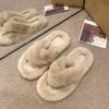 Fashion Luxury Fashion One Word Thick Fur Slippers Double Fur Slippers Casual Home Cotton Shoes Women Flat Plush Cross Straps Slippers