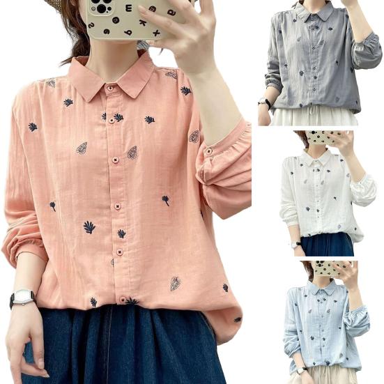 Women Shirt Lapel Long Sleeve Single Breasted Shirt Tops Loose Fit Leaf Pattern Casual Shirt Work Party Vacation Daily Wear