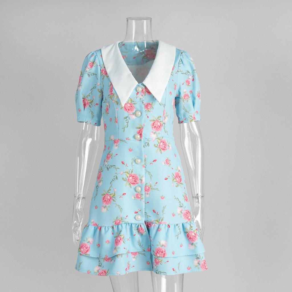 Summer French Style V-neck Puff Sleeve Waist Cinched Printed Ruffle Short Dress for Women