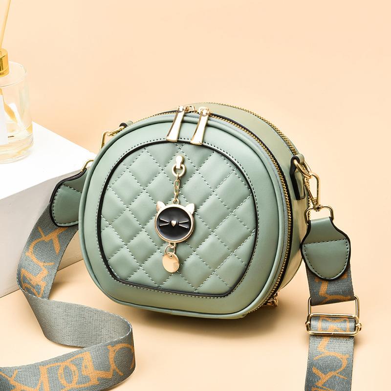 Women's bag small bag Women's foreign style shoulder bag Fashion wide shoulder strap Rhombus messenger small round bag