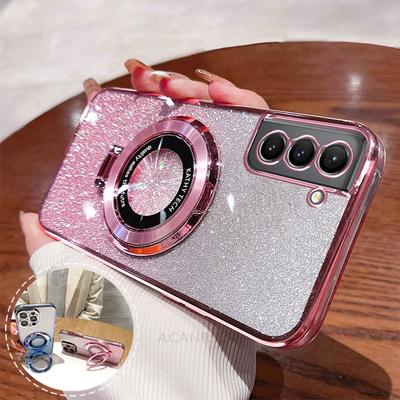 S 21 22 23 Glitter Plating Holder Case For Samsung Galaxy S21 S22 S23 S20 Fe Plus Ultra S9 S10 Silicone Stand Cover Note 10 20