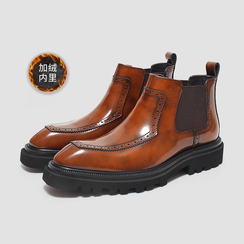 High-End Open-Edged Beaded Leather Thick-Soled Boots Martin Boots Men S Genuine Leather Short Boots Trendy Shiny Leather Boots 37