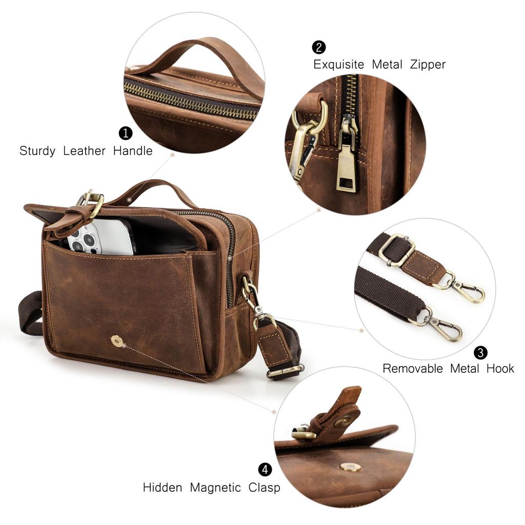 Crazy Horse Leather Muži Tašky přes rameno Casual Malá kabelka Crossbody Taška Přenosná taška Pánská taška Messenger