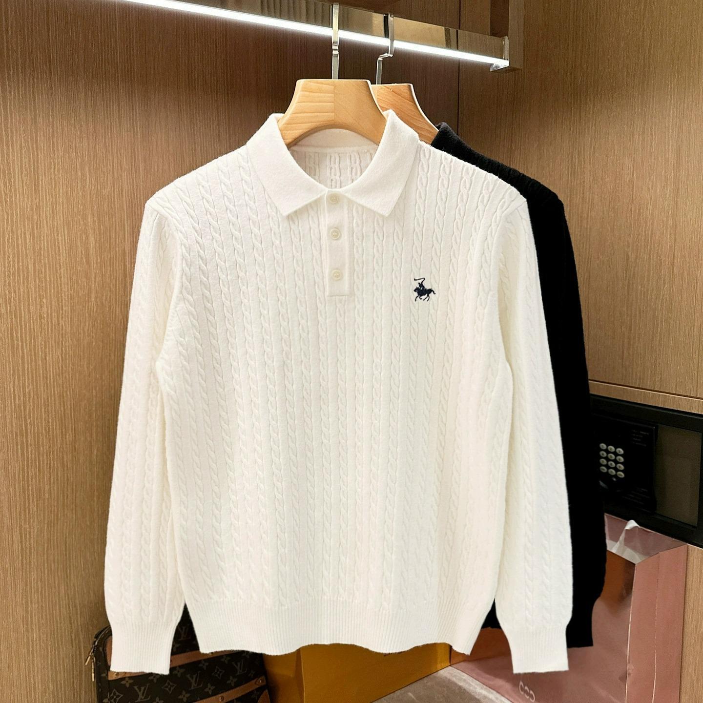 

Vintage Style Men s Slim Fit Cable Knit Lapel Sweater - Elegant Polo Shirt for Business Commute 3XL білий