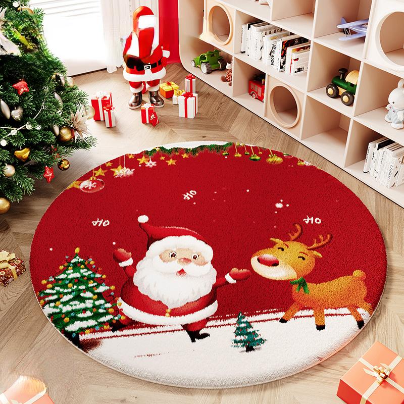 Cartoon Style Rugs for Bedroom Christmas Living Room Decoration Red Carpet Round Thickend Lounge Floor Mat Fluffy Soft Plush Rug