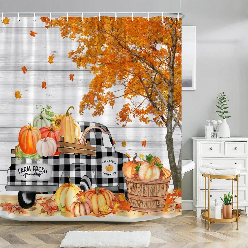 Fall Maple Shower Curtain Thanksgiving Harvest Pumpkin Orange Autumn Maple Leaves Sunflowers Fabric Bathroom Decor Bath Curtains