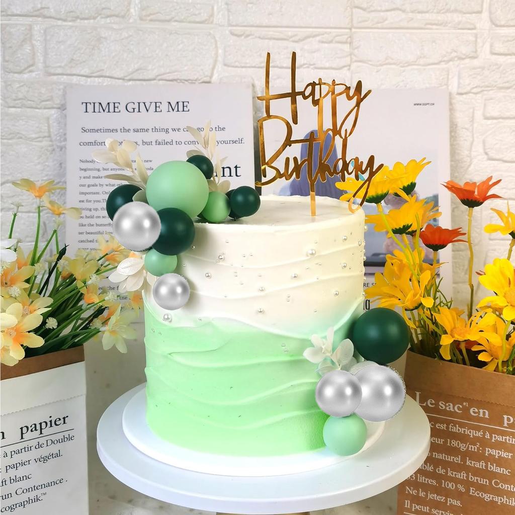 Green Balls Cake Topper Boho Grass Cake Topper Dark Green Silver Pearl Balls Cake Decorations for Wedding Baby Shower Birthday