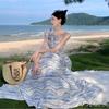 Retro Off-shoulder Suspender Dress for Women In Summer Sexy Backless Seaside Vacation Long Skirt