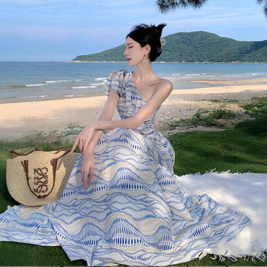 Retro Off-shoulder Suspender Dress for Women In Summer Sexy Backless Seaside Vacation Long Skirt