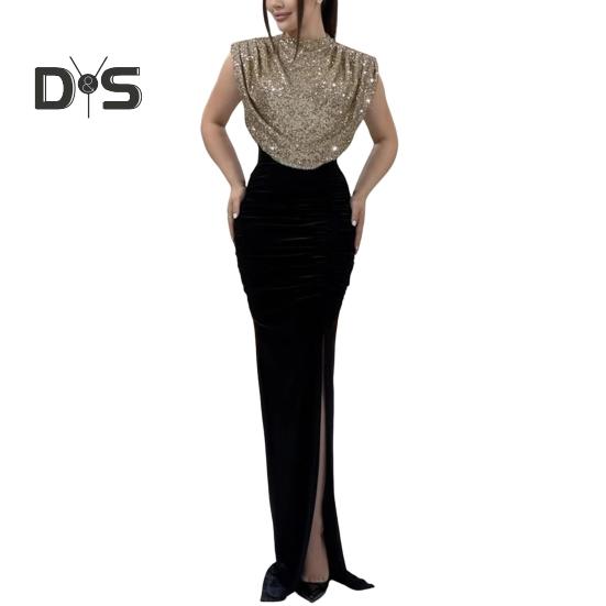 

Женское блестящее платье с круглым вырезом, без рукавов, с высокой талией, длинное платье с пайетками, вечернее платье L шампанского