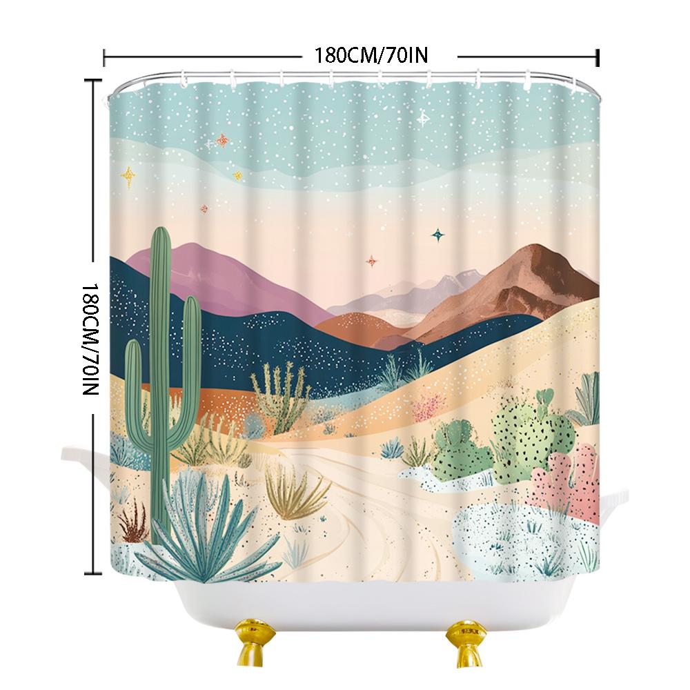 Cactus Shower Curtain 180x180cm – Desert Mountain Scene with Vibrant Flora, Southwestern Bathroom Decor, 12 Hooks