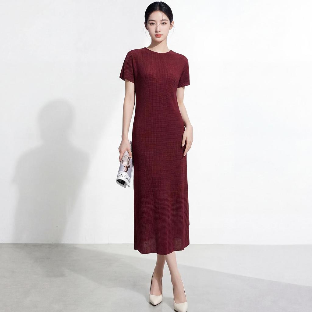 Women's Miyakeme Series Corn Grain Pleated Long Dress – High-Grade Texture