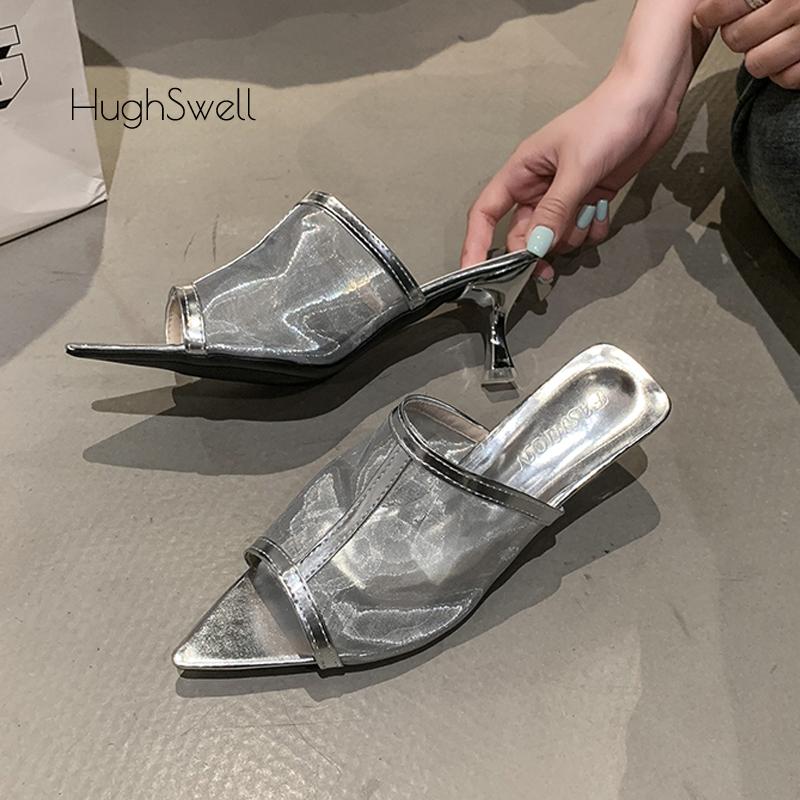 Fashion Transparent Silk Gauze Mule Slides Woman Bling Lace Mesh Pointed Toe High Heel Slipper Sandals Ladies Evening Party Pump Shoes